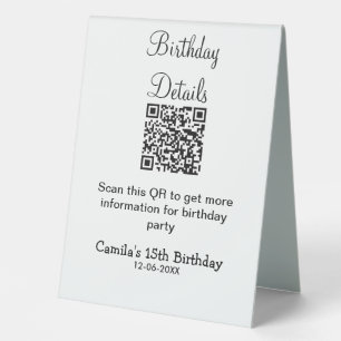 QR scan birthday party details modern 15 birthday  Table Tent