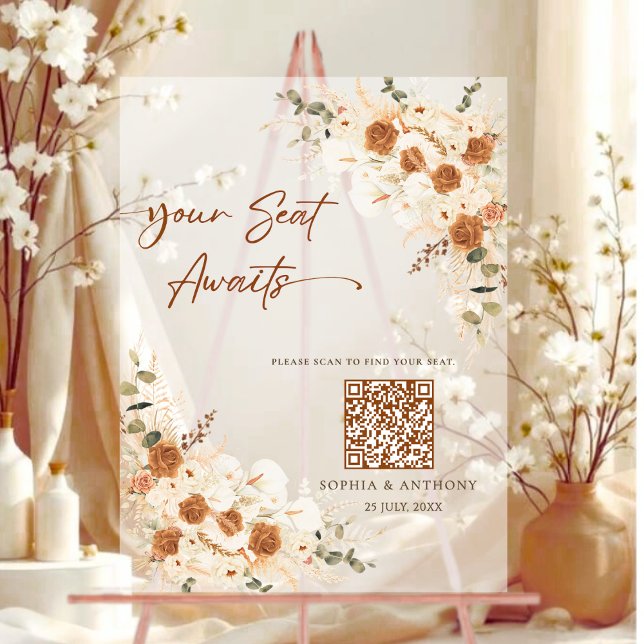 QR Seating Chart Acrylic Wedding Sign (Modern Clear Seating)