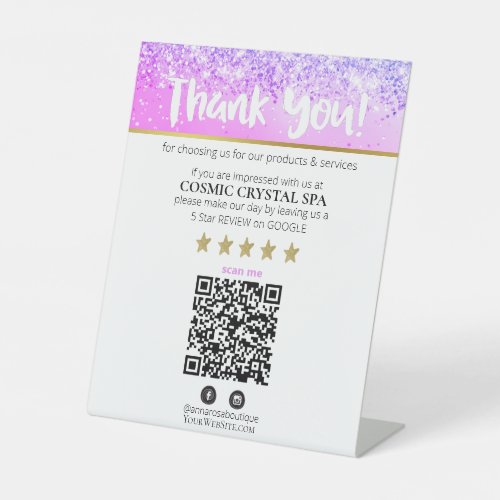 *~* QR THANK YOU REVIEW Violet Pink Glitter AP8 Pedestal Sign