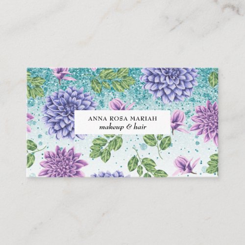  QR Turquoise Floral Succulent Pattern  Glitter Business Card