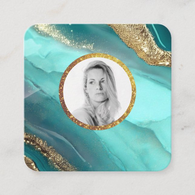 *~* QR Turuqoise Gold AP66 PHOTO Luxe LOGO Agate  Square Business Card (Front)