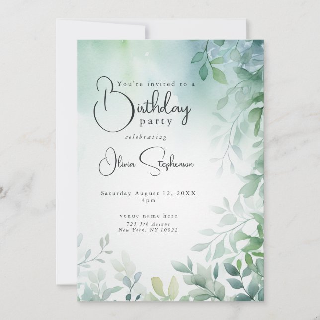 QR Watercolor Birthday Blue Green Leaves Invitation (Front)