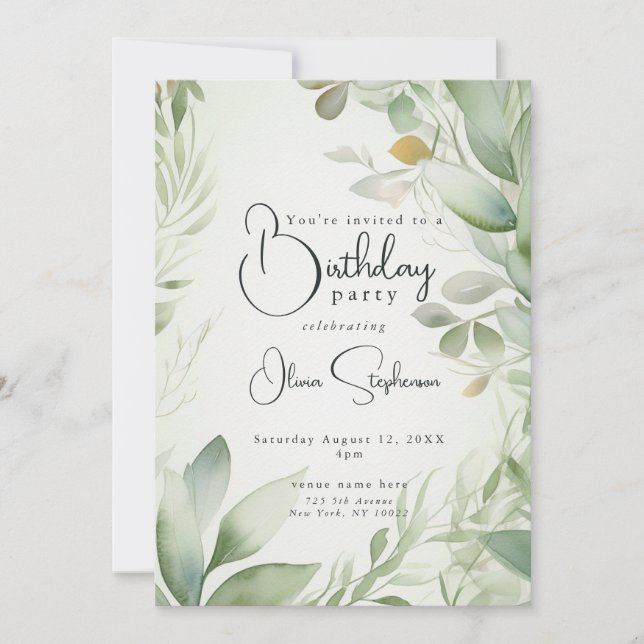 QR Watercolor Golden Green Foliage Birthday Invitation (Front)