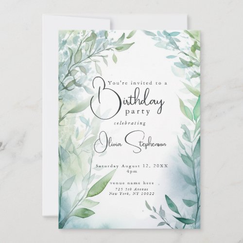 QR Watercolor Teal and Green Foliage Birthday Invitation