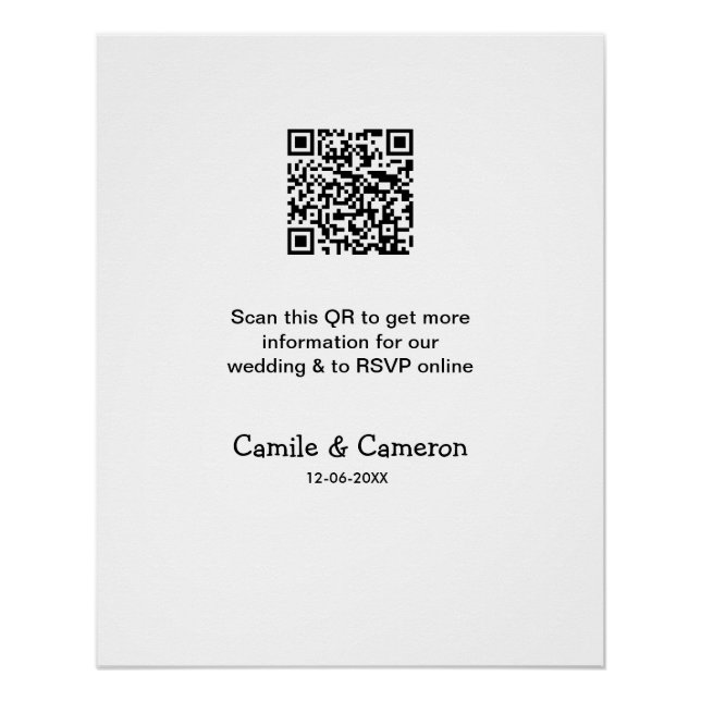 QR WEDDING WEBSITE add photoname date black white  Poster (Front)