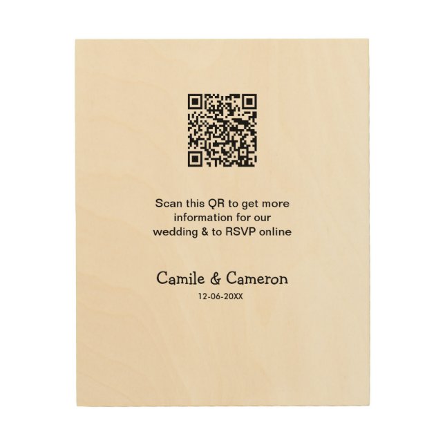 QR WEDDING WEBSITE add photoname date black white  Wood Wall Art (Front)