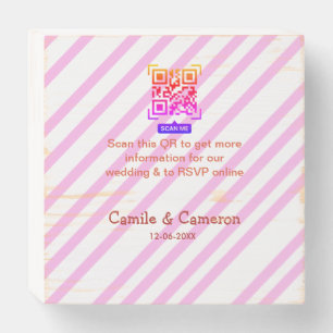 QR WEDDING WEBSITE pink stripped name date modern Wooden Box Sign