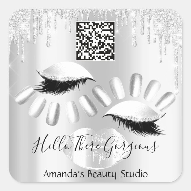 QRCoce Logo Gray Drips Kiss Nails Lashes Promotion Square Sticker (Front)