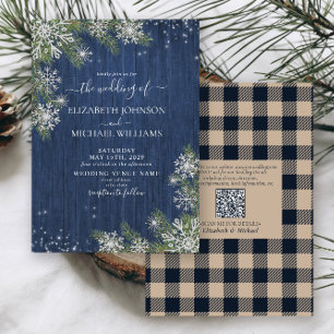 QRCode Blue Silver WinterWood Plaid Rustic Wedding Invitation