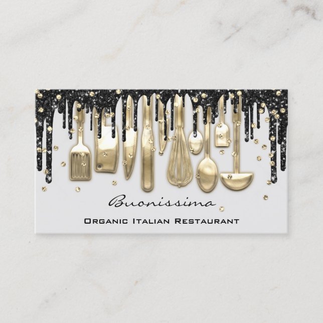 QRCode Chef Kitchen Drips Logo Knife Gold Gray Business Card (Front)