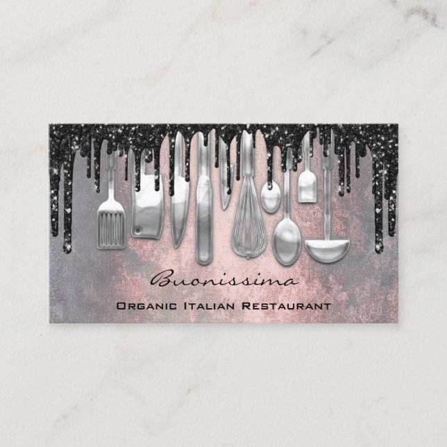 QRCode Chef Kitchen Drips Logo Knife Silver Grunge Business Card (Front)
