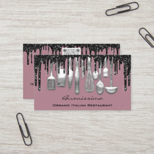 QRCode Chef Kitchen Drips Logo Knife Silver Purple Business Card