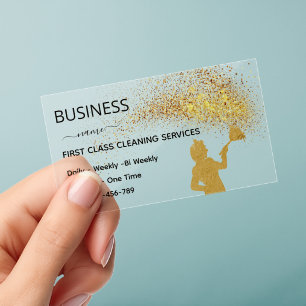 QrCode Cleaning Service Maid Gold Glitter Clear Business Cards