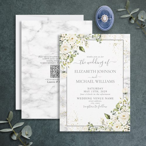 QRCode Light Gray White Floral Gold Marble Wedding Invitation