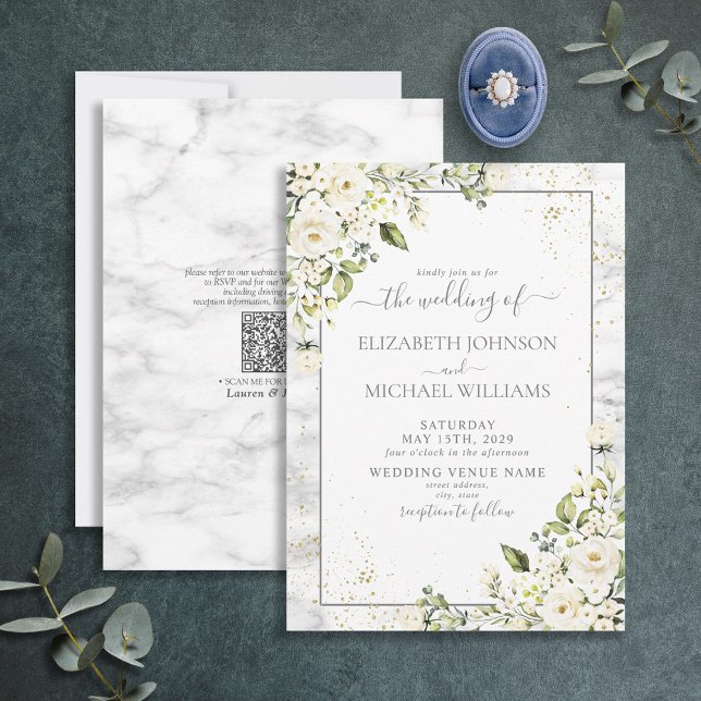 QRCode Light Gray White Floral Gold Marble Wedding Invitation (Creator Uploaded)