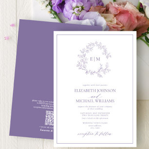 QRCode Lilac Lavender Leafy Crest Monogram Wedding Invitation