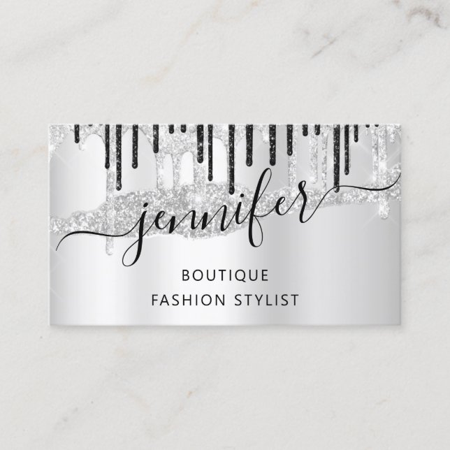 QRCode Logo Abstract Online Shop Silver Gray Drip Business Card (Front)