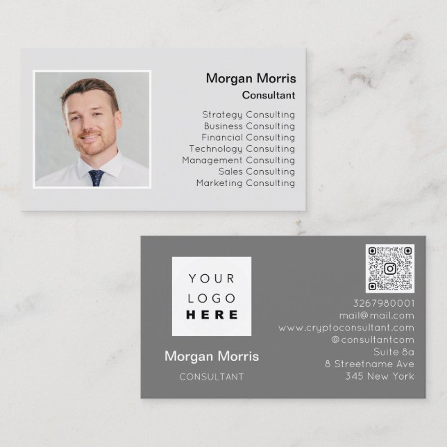 QRCode Logo Photo Professional Company Gray Business Card (Front/Back)