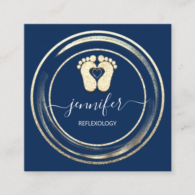 QRCode Logo Reflexology Foot Massage Blue NavyFeet Square Business Card (Front)