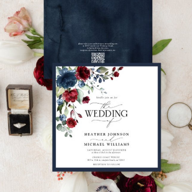QRCode Navy Blue Burgundy Floral Watercolor Script Invitation (Creator Uploaded)
