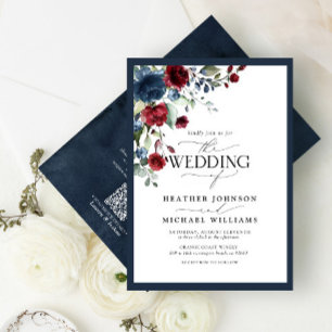 QRCode Navy Blue Burgundy Floral Watercolor Script Invitation