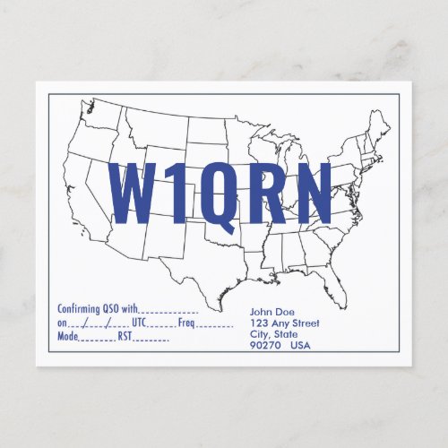 QSL Card Retro United States Map Blue Text