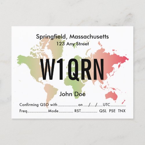 QSL Card Retro World Red  Green Map 
