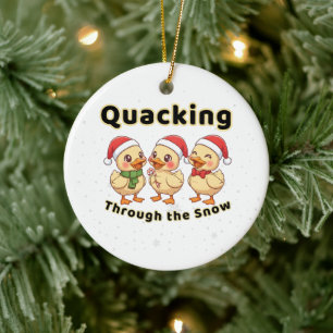 Quacking Through the Snow Funny Kawaii Duck Ceramic Ornament