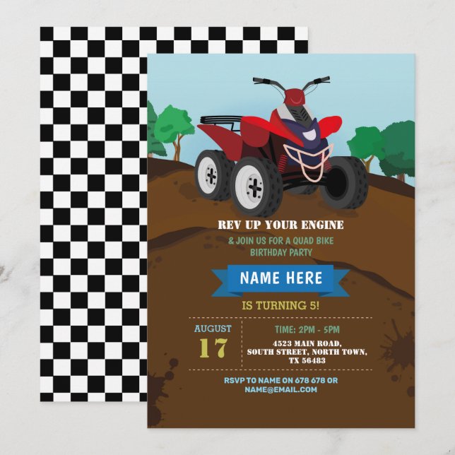 Quad Bike Birthday Invitation Riding Mud Fun Track (Front/Back)