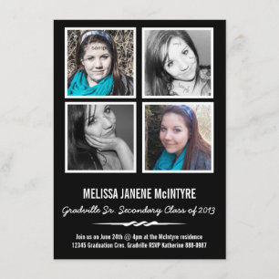 Quad Photo Four Squares Graduation Black and White Invitation