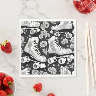 Quad skates, roses, black and  white design.   