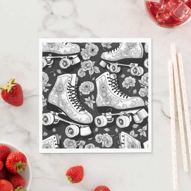 Quad skates, roses, black and  white design.    napkins (Insitu)