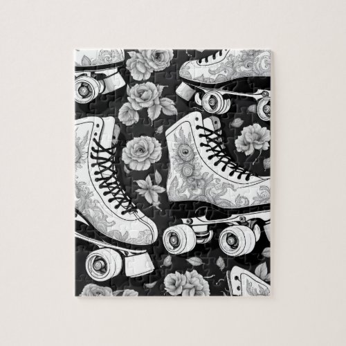 Quad skates roses Black White Design Jigsaw Puzzle