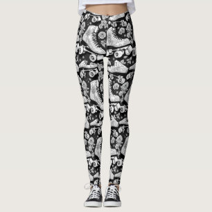 Quad skates roses Black White Design Leggings