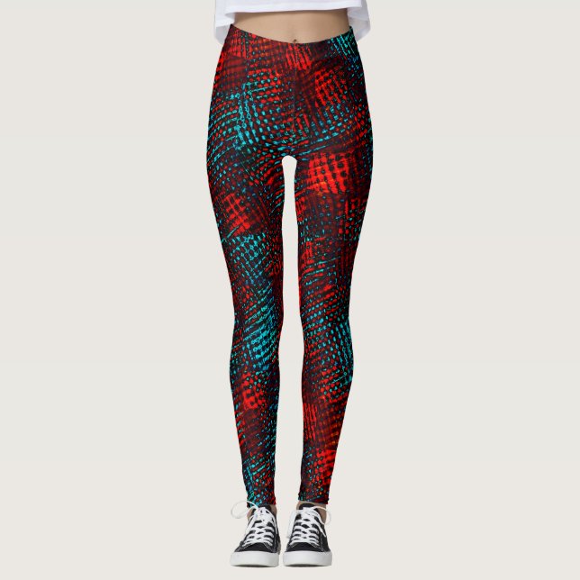 Quadriculados riscados em vermelho e azul claro. leggings (Front)