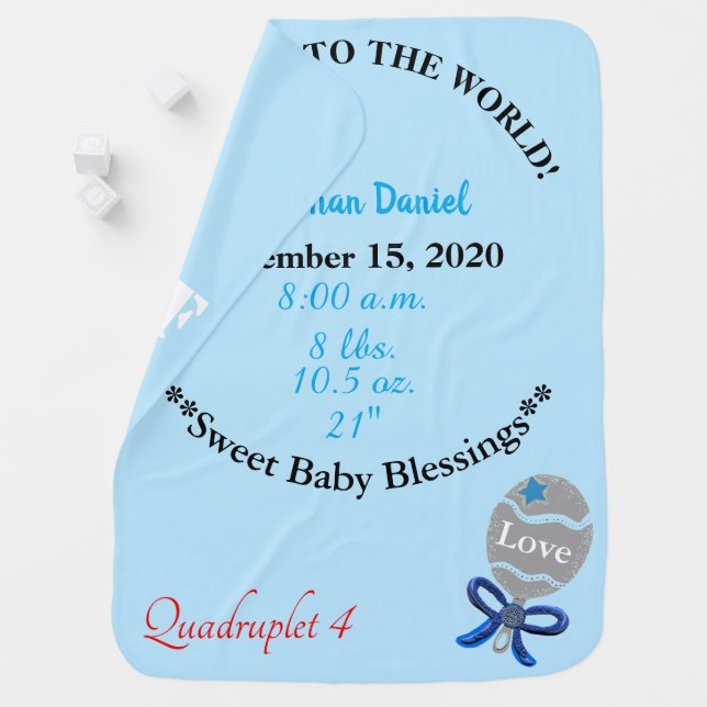 Quadruplet Boy Birth Stats Blue Rattle Blanket (In Situ)
