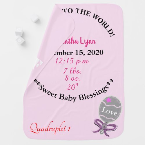 Quadruplet Girl Birth Stats Pink Rattle Blanket