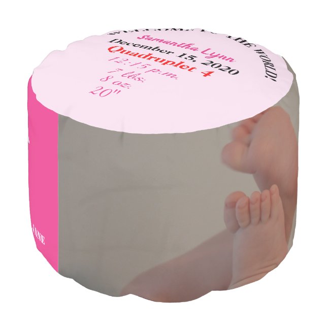 Quadruplet Girls Birth Stats Pink Pouf Seat (Angled Back)