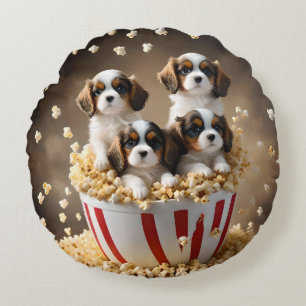 Quads Cavalier Spaniel Puppies In The Popcorn, Round Pillow