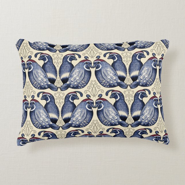 Quail Bird Navy and Cream Accent Pillow (Front)