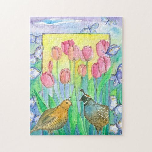 Quail Birds Pink Tulip Watercolor Flowers Garden Jigsaw Puzzle