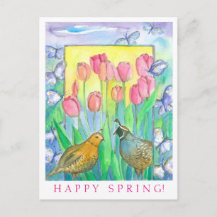 Quail Birds Pink Tulip Watercolor Happy Spring Postcard
