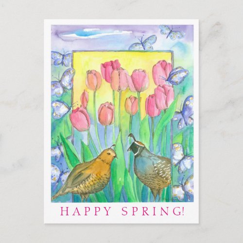 Quail Birds Pink Tulip Watercolor Happy Spring Postcard