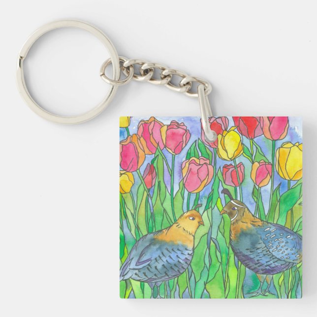 Quail Birds Watercolor Painting Keychain (Front)