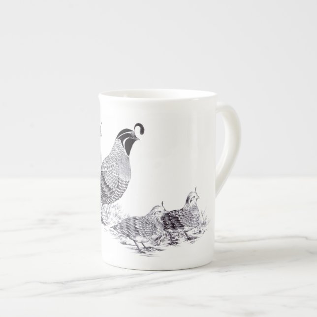 Quail Family Evening Stroll Bone China Mug (Front Right)