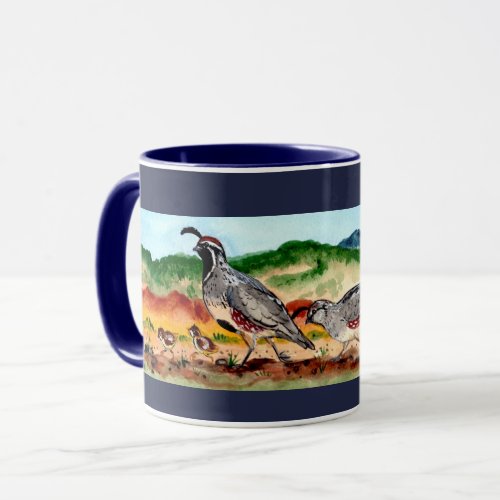 Quail family with Peeps Navy Blue Mug Southwestern