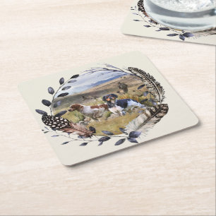 Quail Hunting with a Brittany Spaniels, Art Square Paper Coaster