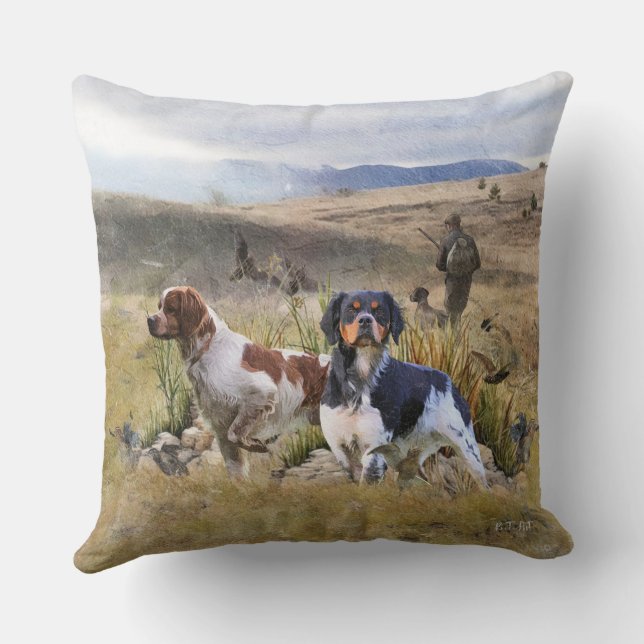 Quail Hunting with a Brittany Spaniels, Art  Throw Pillow (Back)