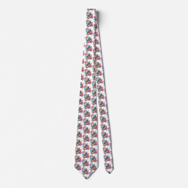 Quail on branch colorful background neck tie (Front)