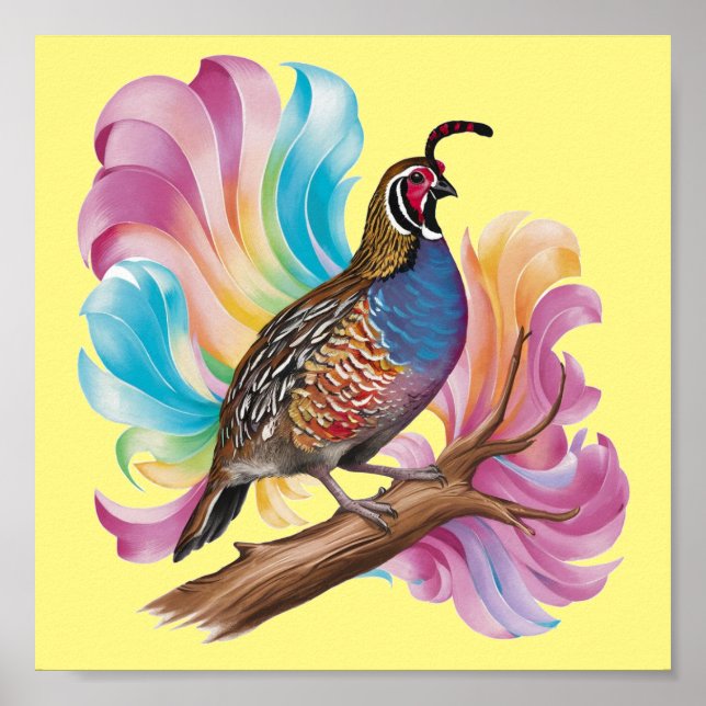 Quail on branch colorful background poster (Front)